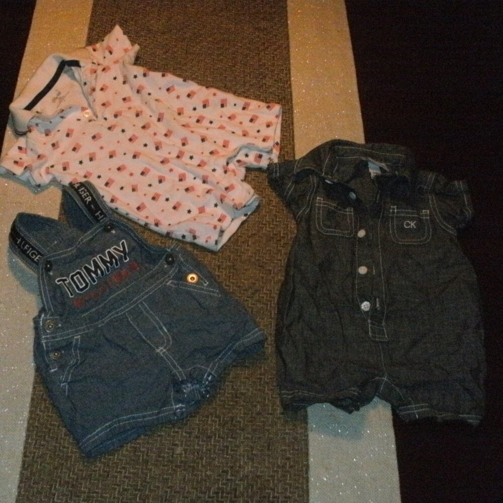 THREE Outfits ~ CK Denim Romper ~ USA Flag Romper ~ Tommy Hilfiger Shortalls 3M